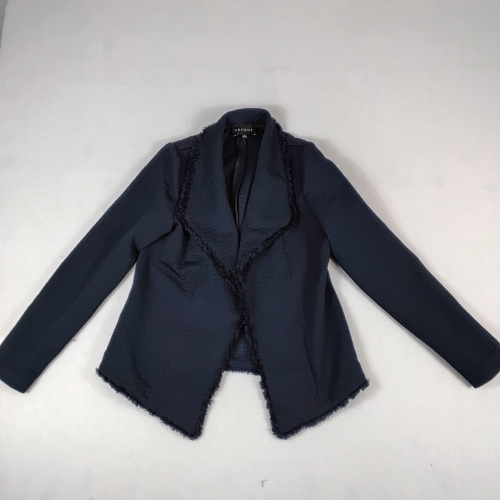 Premise Womens Navy Blue Fringe Trim Open Front Blazer Jacket Textured Size S